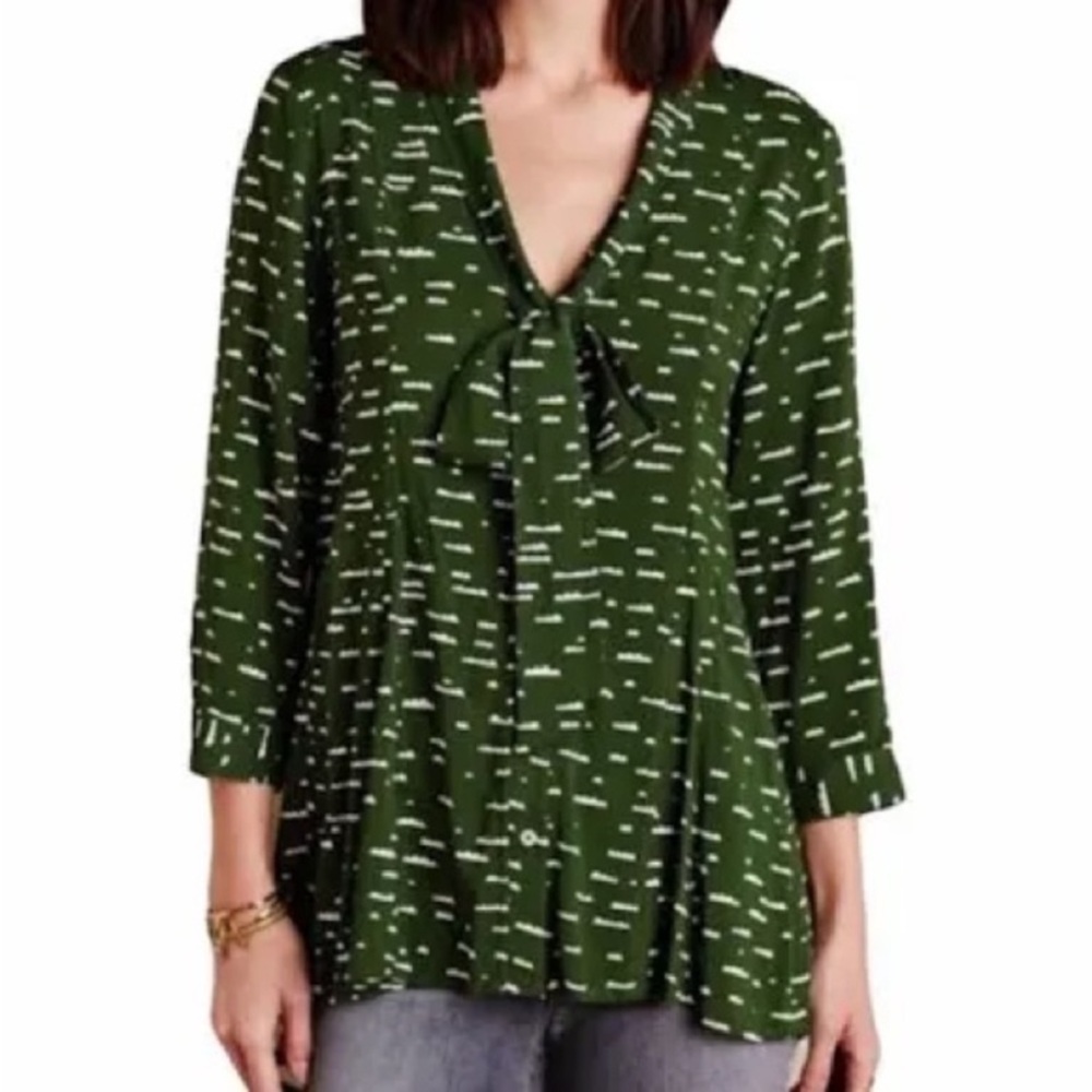 Anthropology Maeve Tie Neck Top Sz S Cloud Print Flowy Blouse Green White